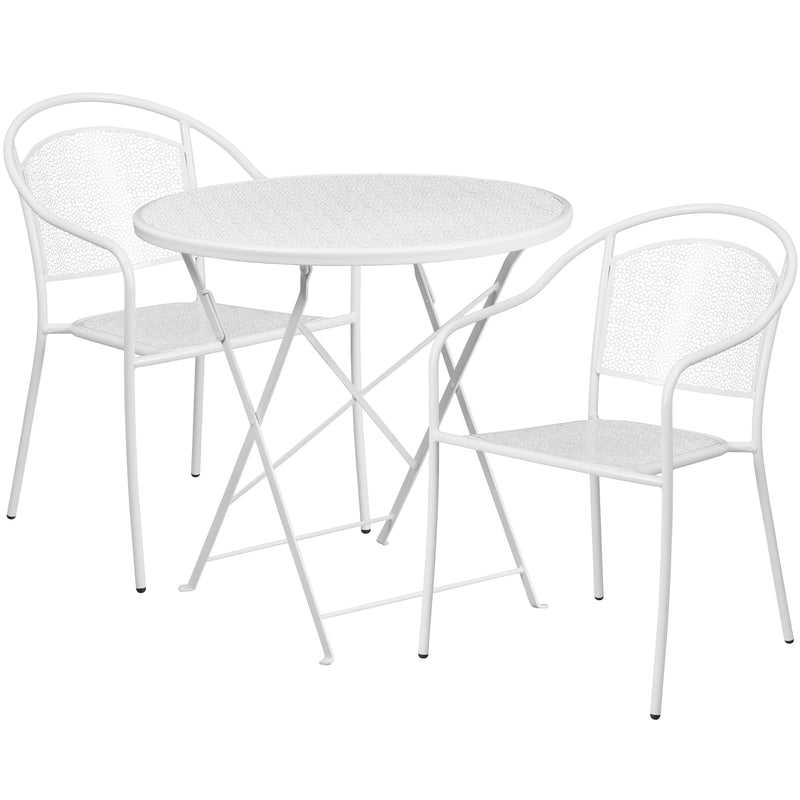 Commercial Grade 30" Round White Indoor-Outdoor Steel Folding Patio Table Set with 2 Round Back Chairs