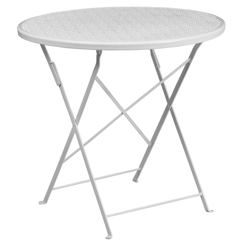 Commercial Grade 30" Round White Indoor-Outdoor Steel Folding Patio Table Set with 2 Round Back Chairs