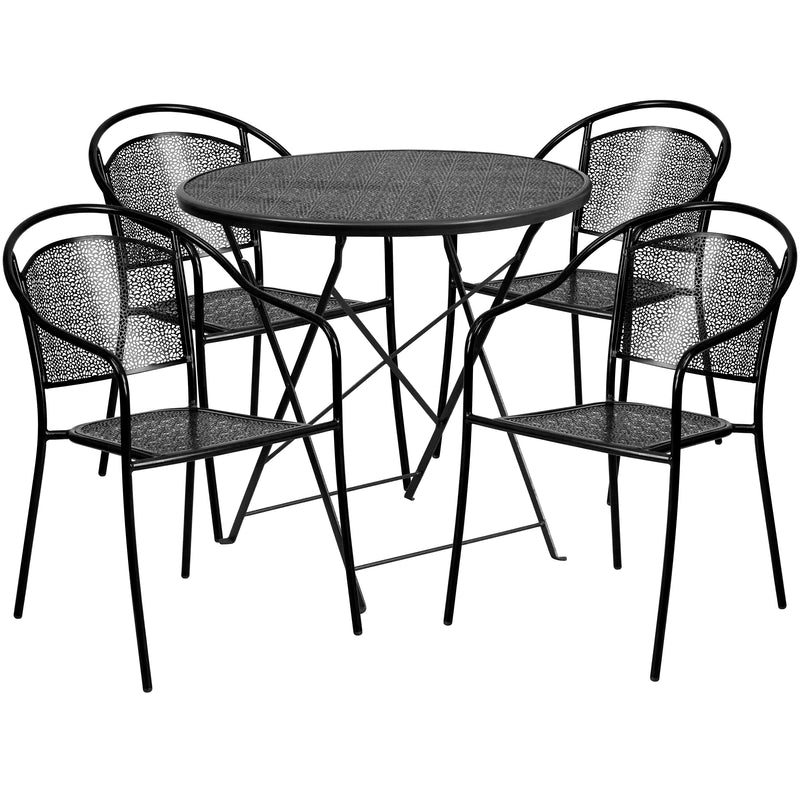 Commercial Grade 30" Round Black Indoor-Outdoor Steel Folding Patio Table Set with 4 Round Back Chairs