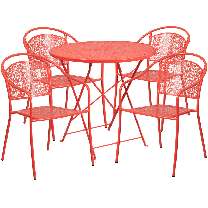 Commercial Grade 30" Round Coral Indoor-Outdoor Steel Folding Patio Table Set with 4 Round Back Chairs