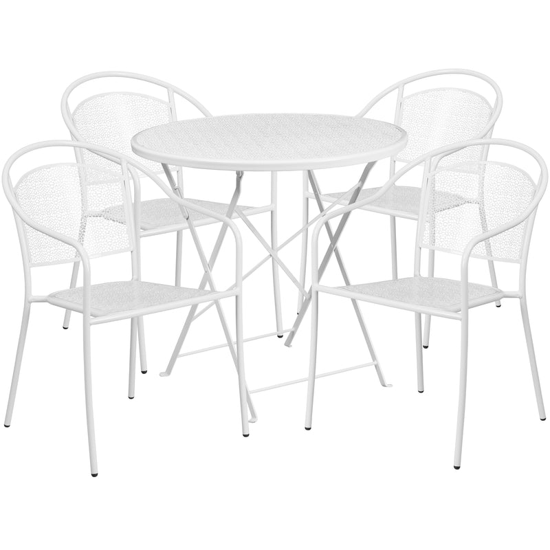 Commercial Grade 30" Round White Indoor-Outdoor Steel Folding Patio Table Set with 4 Round Back Chairs