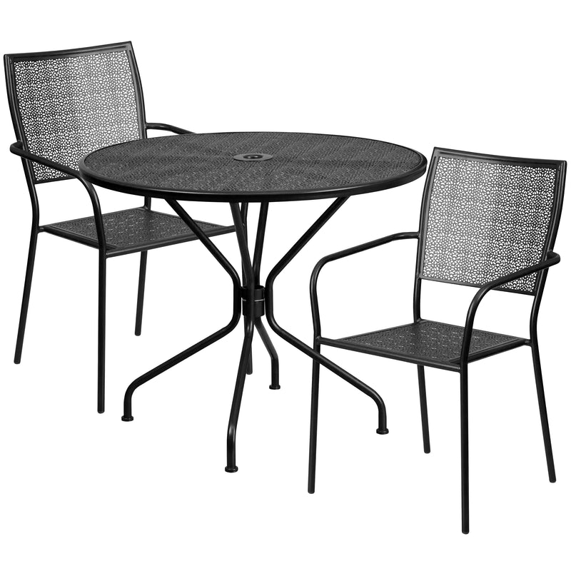 Commercial Grade 35.25" Round Black Indoor-Outdoor Steel Patio Table Set with 2 Square Back Chairs