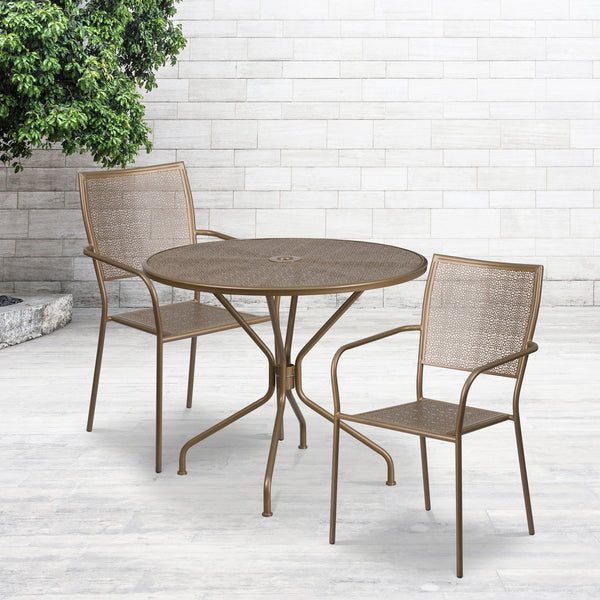 Commercial Grade 35.25" Round Gold Indoor-Outdoor Steel Patio Table Set with 2 Square Back Chairs