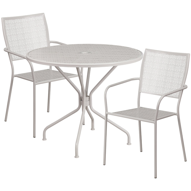 Commercial Grade 35.25" Round Light Gray Indoor-Outdoor Steel Patio Table Set with 2 Square Back Chairs