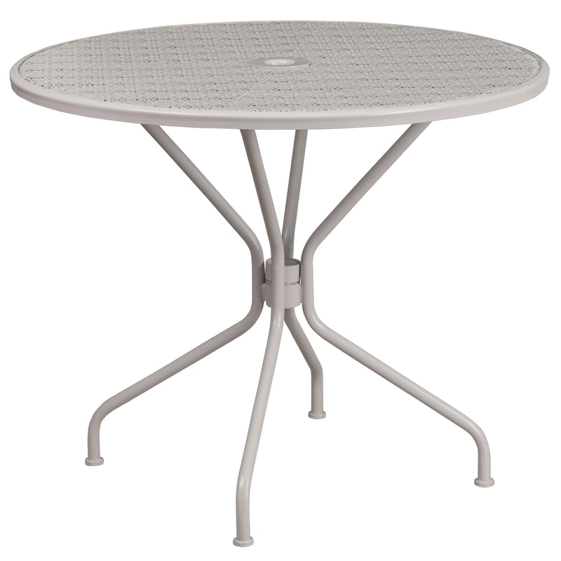 Commercial Grade 35.25" Round Light Gray Indoor-Outdoor Steel Patio Table Set with 2 Square Back Chairs