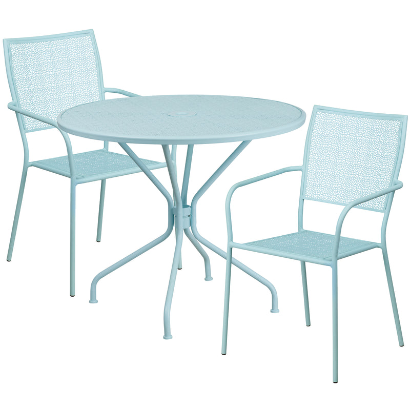 Commercial Grade 35.25" Round Sky Blue Indoor-Outdoor Steel Patio Table Set with 2 Square Back Chairs