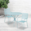 Commercial Grade 35.25" Round Sky Blue Indoor-Outdoor Steel Patio Table Set with 2 Square Back Chairs