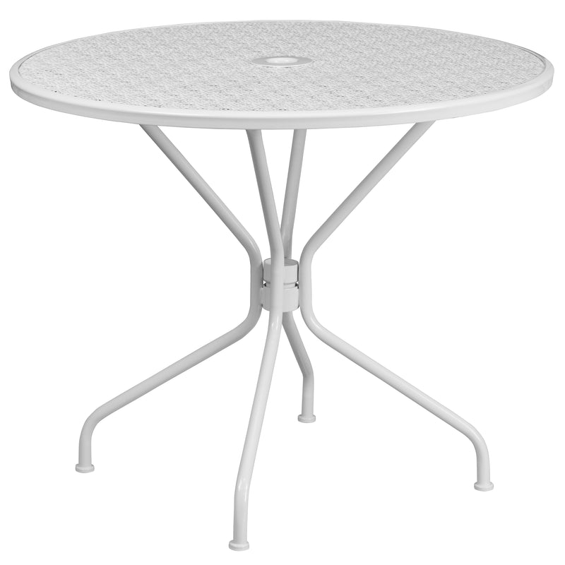 Commercial Grade 35.25" Round White Indoor-Outdoor Steel Patio Table Set with 2 Square Back Chairs