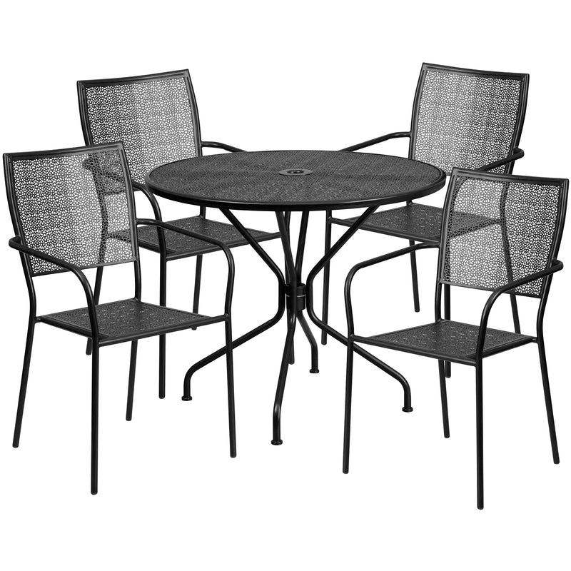 Commercial Grade 35.25" Round Black Indoor-Outdoor Steel Patio Table Set with 4 Square Back Chairs