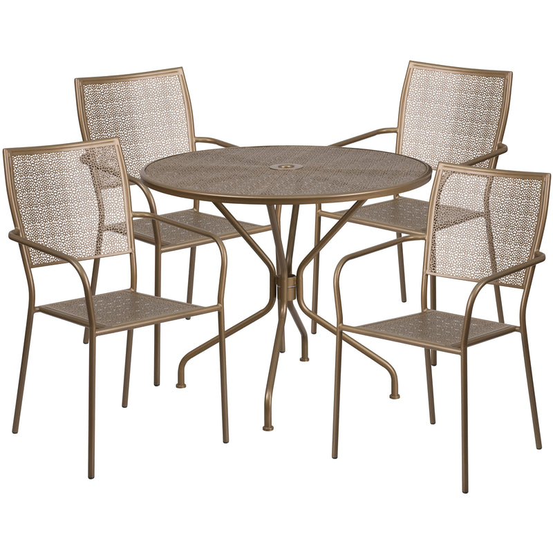 Commercial Grade 35.25" Round Gold Indoor-Outdoor Steel Patio Table Set with 4 Square Back Chairs