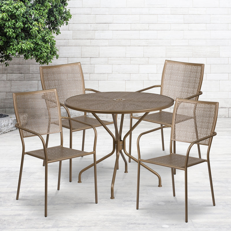 Commercial Grade 35.25" Round Gold Indoor-Outdoor Steel Patio Table Set with 4 Square Back Chairs