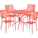 Commercial Grade 35.25" Round Coral Indoor-Outdoor Steel Patio Table Set with 4 Square Back Chairs