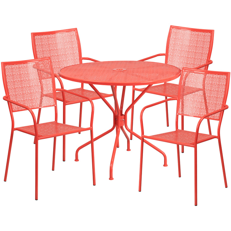 Commercial Grade 35.25" Round Coral Indoor-Outdoor Steel Patio Table Set with 4 Square Back Chairs