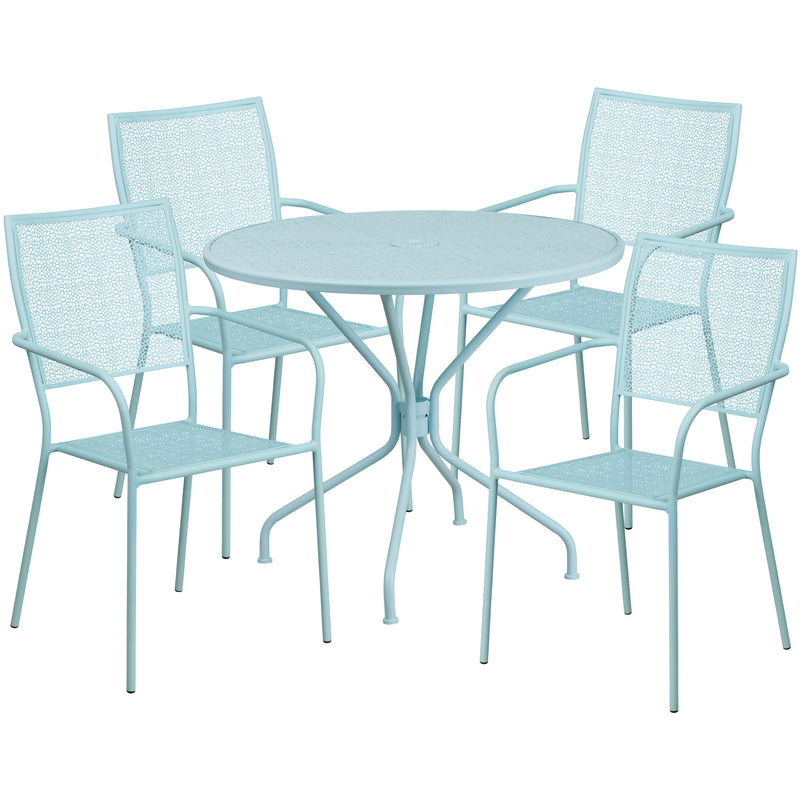 Commercial Grade 35.25" Round Sky Blue Indoor-Outdoor Steel Patio Table Set with 4 Square Back Chairs