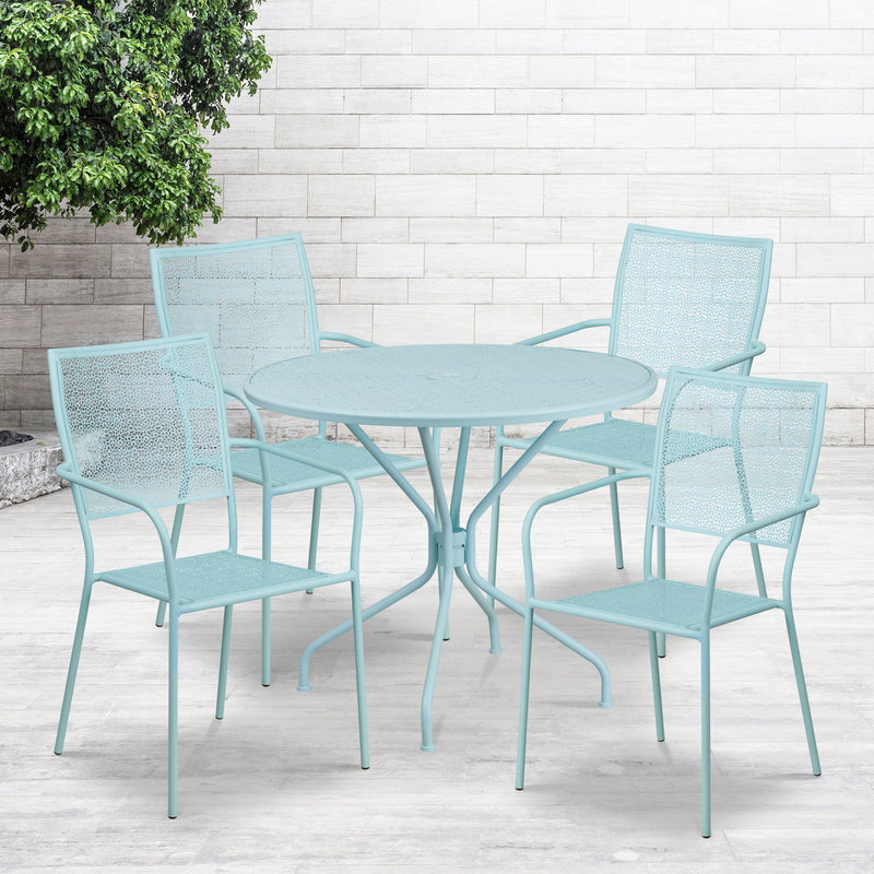 Commercial Grade 35.25" Round Sky Blue Indoor-Outdoor Steel Patio Table Set with 4 Square Back Chairs