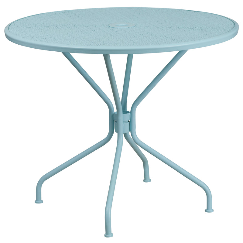 Commercial Grade 35.25" Round Sky Blue Indoor-Outdoor Steel Patio Table Set with 4 Square Back Chairs