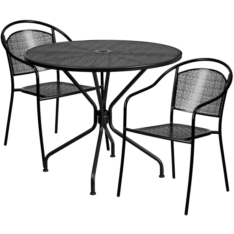 Commercial Grade 35.25" Round Black Indoor-Outdoor Steel Patio Table Set with 2 Round Back Chairs