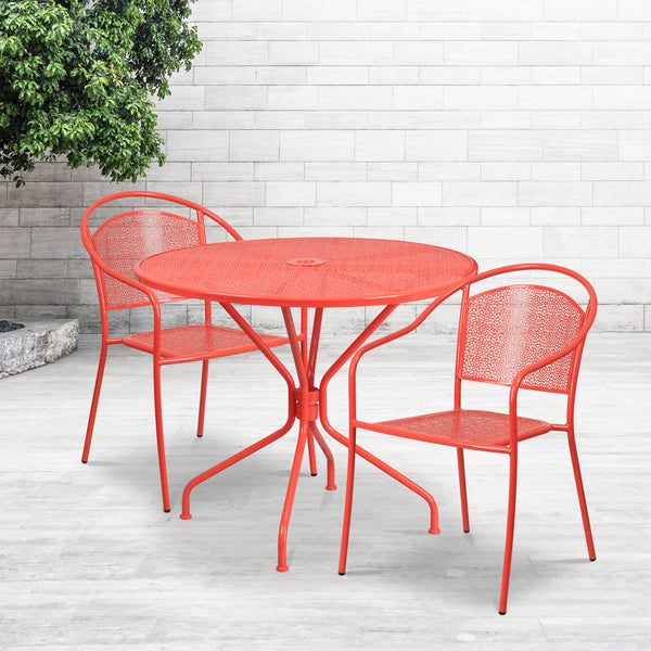 Commercial Grade 35.25" Round Coral Indoor-Outdoor Steel Patio Table Set with 2 Round Back Chairs