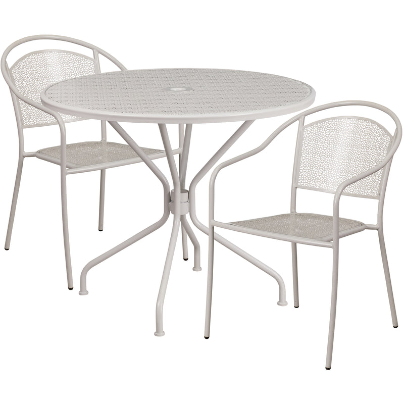 Commercial Grade 35.25" Round Light Gray Indoor-Outdoor Steel Patio Table Set with 2 Round Back Chairs