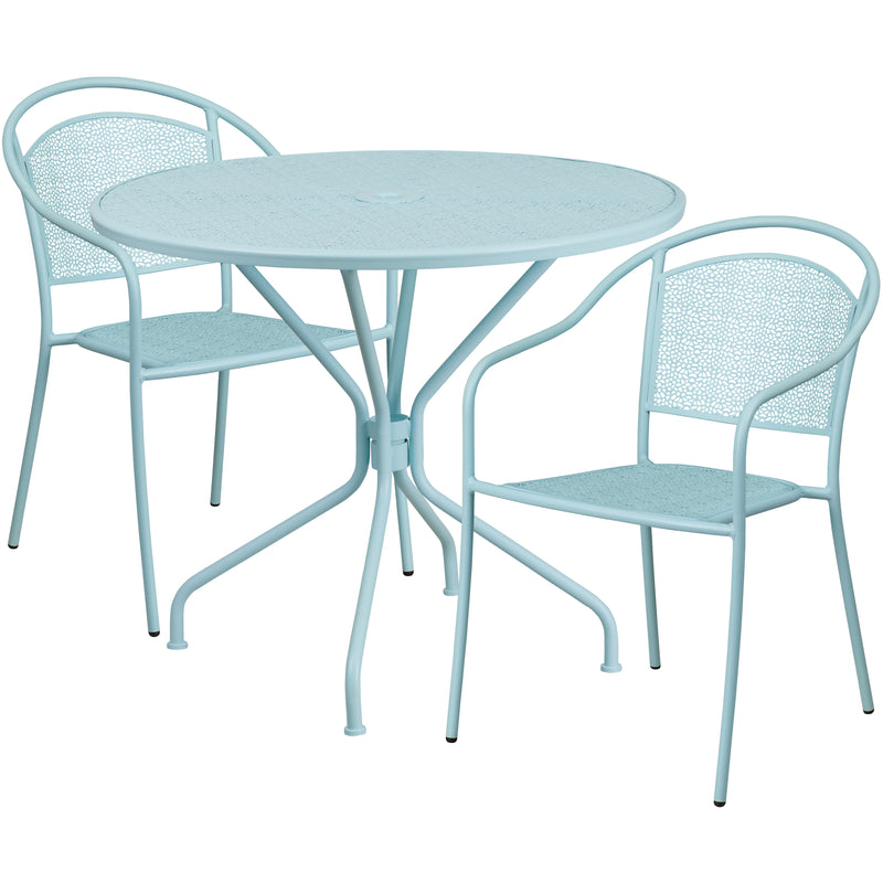 Commercial Grade 35.25" Round Sky Blue Indoor-Outdoor Steel Patio Table Set with 2 Round Back Chairs