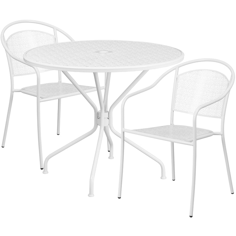 Commercial Grade 35.25" Round White Indoor-Outdoor Steel Patio Table Set with 2 Round Back Chairs