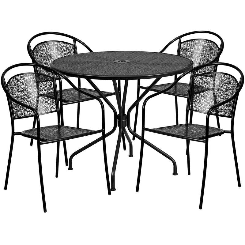 Commercial Grade 35.25" Round Black Indoor-Outdoor Steel Patio Table Set with 4 Round Back Chairs