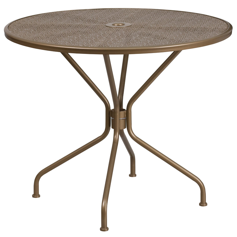 Commercial Grade 35.25" Round Gold Indoor-Outdoor Steel Patio Table Set with 4 Round Back Chairs