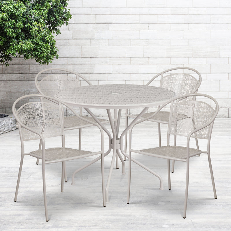 Commercial Grade 35.25" Round Light Gray Indoor-Outdoor Steel Patio Table Set with 4 Round Back Chairs