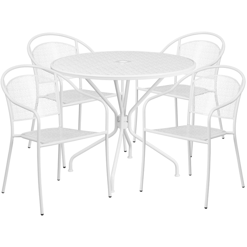 Commercial Grade 35.25" Round White Indoor-Outdoor Steel Patio Table Set with 4 Round Back Chairs