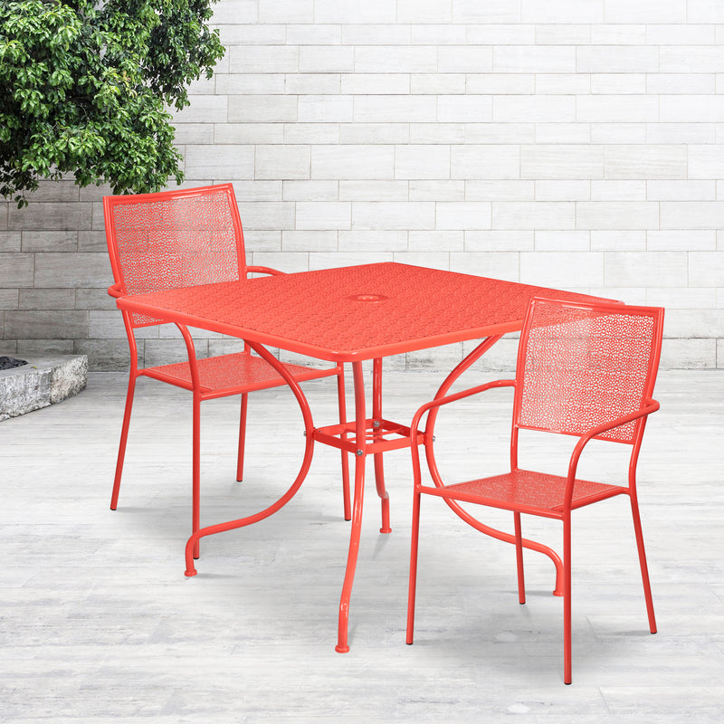 Commercial Grade 35.5" Square Coral Indoor-Outdoor Steel Patio Table Set with 2 Square Back Chairs