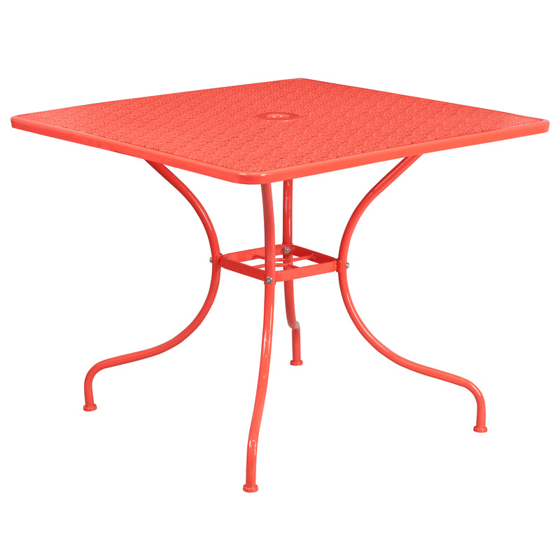 Commercial Grade 35.5" Square Coral Indoor-Outdoor Steel Patio Table Set with 2 Square Back Chairs