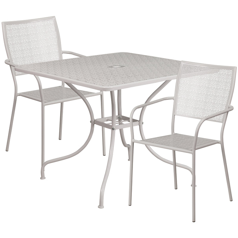 Commercial Grade 35.5" Square Light Gray Indoor-Outdoor Steel Patio Table Set with 2 Square Back Chairs