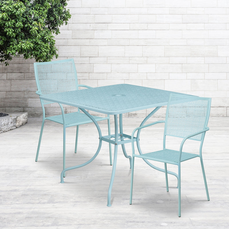 Commercial Grade 35.5" Square Sky Blue Indoor-Outdoor Steel Patio Table Set with 2 Square Back Chairs