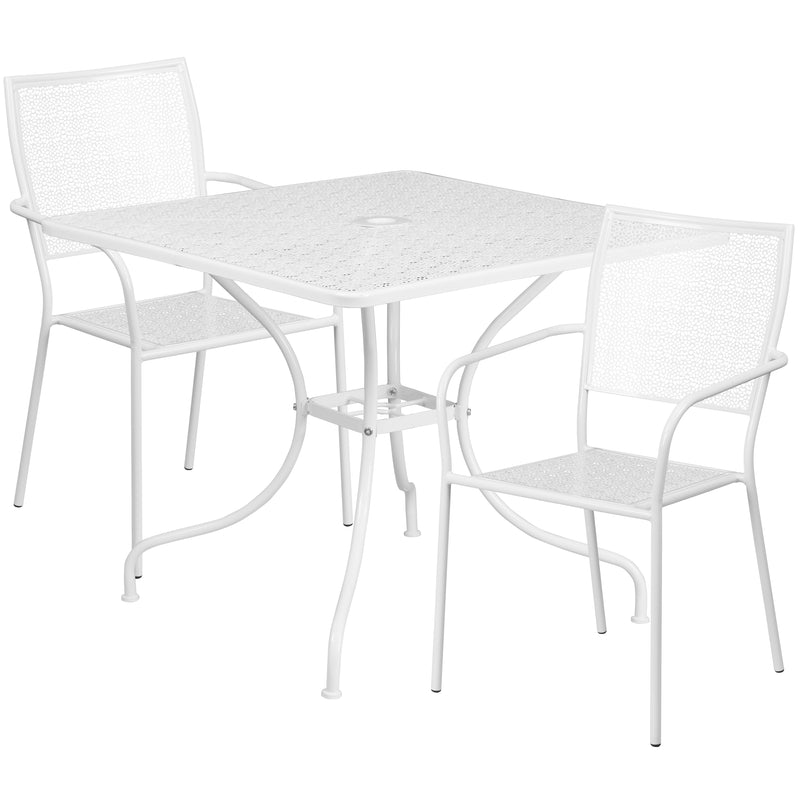 Commercial Grade 35.5" Square White Indoor-Outdoor Steel Patio Table Set with 2 Square Back Chairs