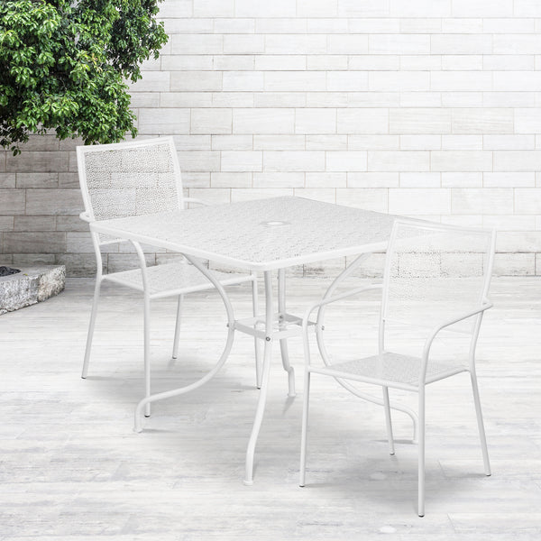 Commercial Grade 35.5" Square White Indoor-Outdoor Steel Patio Table Set with 2 Square Back Chairs