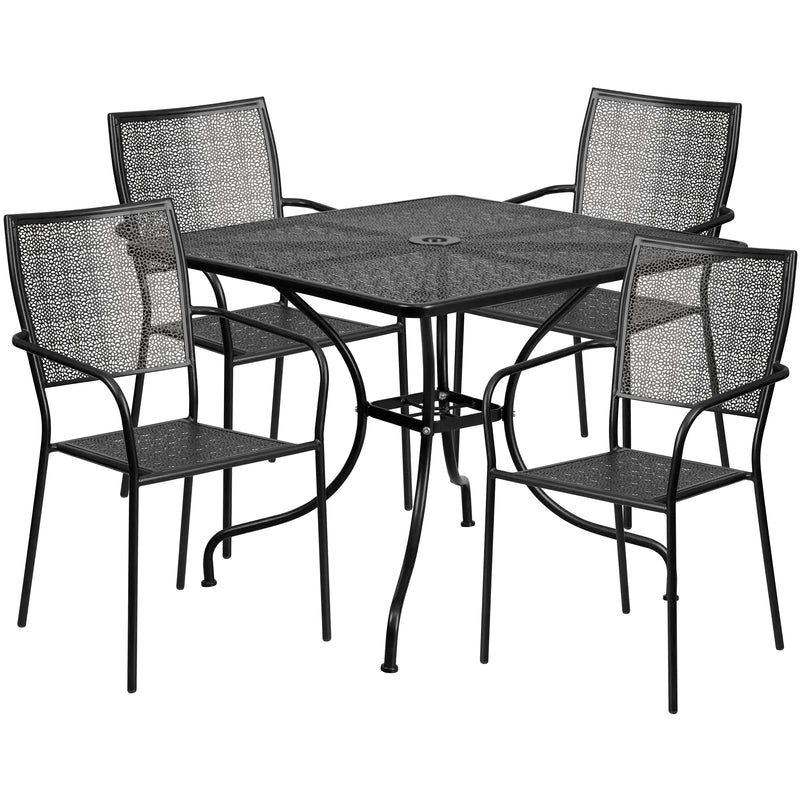 Commercial Grade 35.5" Square Black Indoor-Outdoor Steel Patio Table Set with 4 Square Back Chairs