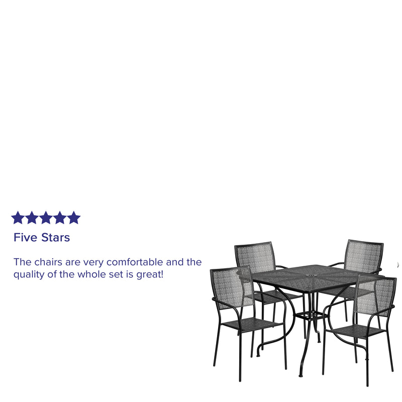 Commercial Grade 35.5" Square Black Indoor-Outdoor Steel Patio Table Set with 4 Square Back Chairs