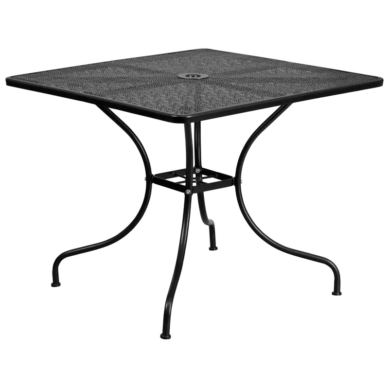 Commercial Grade 35.5" Square Black Indoor-Outdoor Steel Patio Table Set with 4 Square Back Chairs