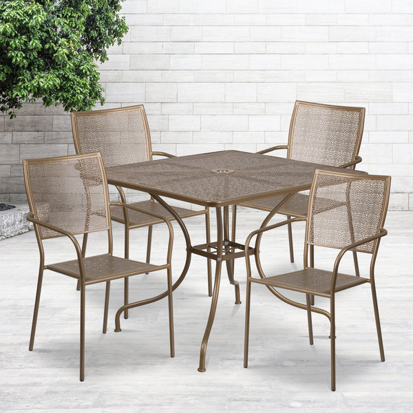 Commercial Grade 35.5" Square Gold Indoor-Outdoor Steel Patio Table Set with 4 Square Back Chairs