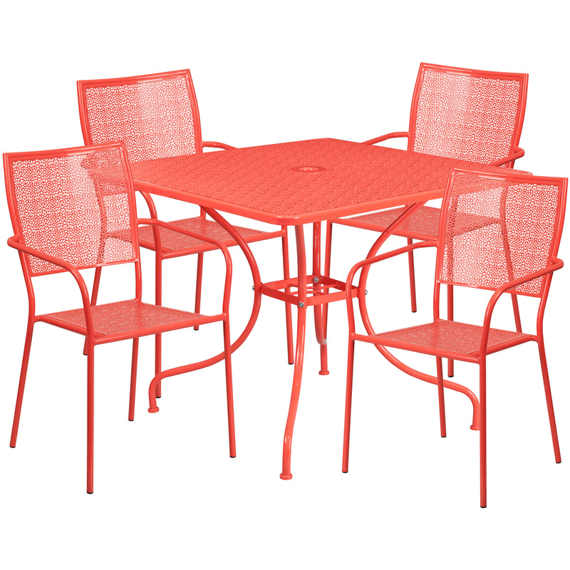 Commercial Grade 35.5" Square Coral Indoor-Outdoor Steel Patio Table Set with 4 Square Back Chairs