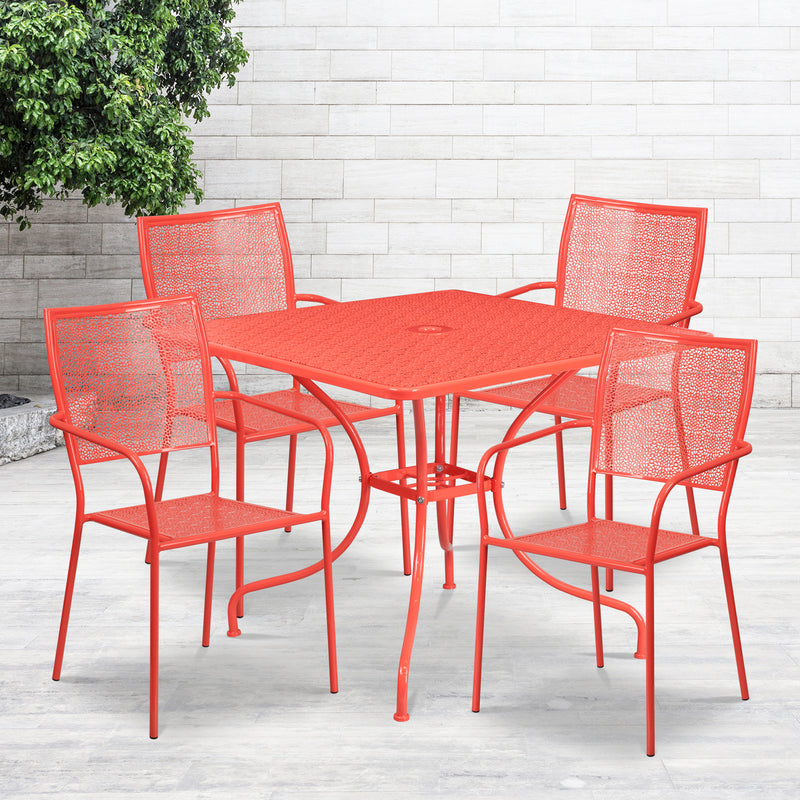 Commercial Grade 35.5" Square Coral Indoor-Outdoor Steel Patio Table Set with 4 Square Back Chairs