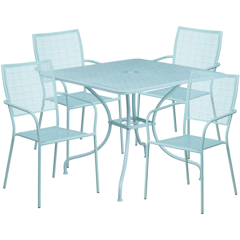 Commercial Grade 35.5" Square Sky Blue Indoor-Outdoor Steel Patio Table Set with 4 Square Back Chairs