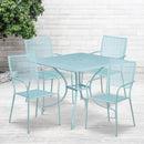 Commercial Grade 35.5" Square Sky Blue Indoor-Outdoor Steel Patio Table Set with 4 Square Back Chairs