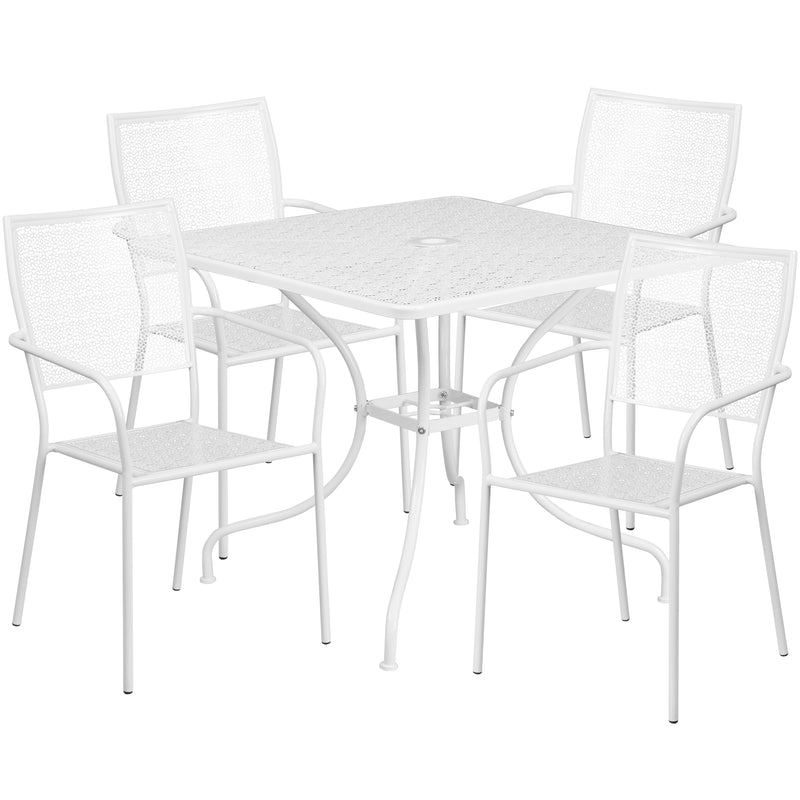 Commercial Grade 35.5" Square White Indoor-Outdoor Steel Patio Table Set with 4 Square Back Chairs