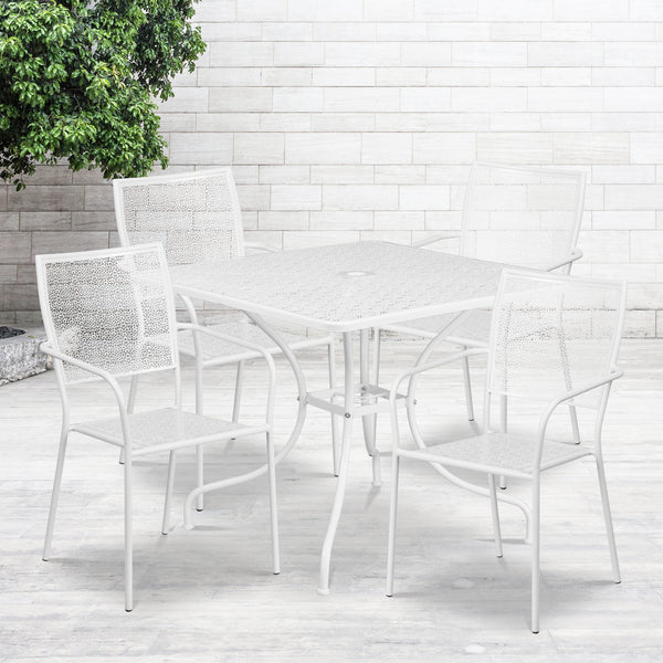 Commercial Grade 35.5" Square White Indoor-Outdoor Steel Patio Table Set with 4 Square Back Chairs