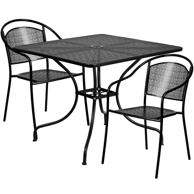 Commercial Grade 35.5" Square Black Indoor-Outdoor Steel Patio Table Set with 2 Round Back Chairs