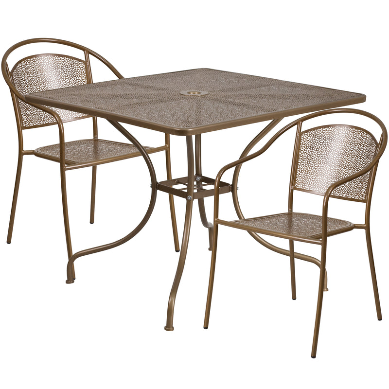 Commercial Grade 35.5" Square Gold Indoor-Outdoor Steel Patio Table Set with 2 Round Back Chairs