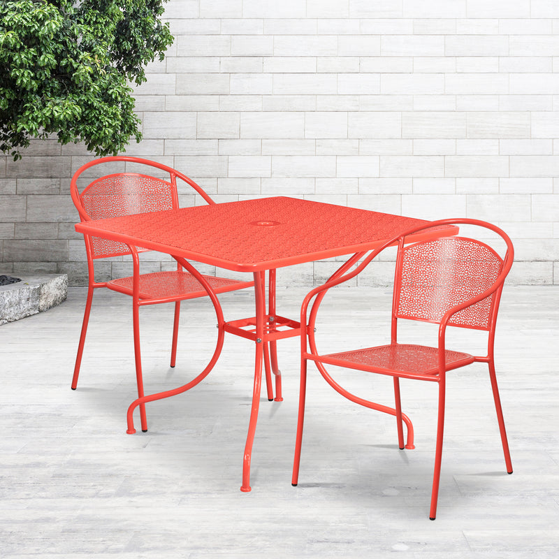 Commercial Grade 35.5" Square Coral Indoor-Outdoor Steel Patio Table Set with 2 Round Back Chairs