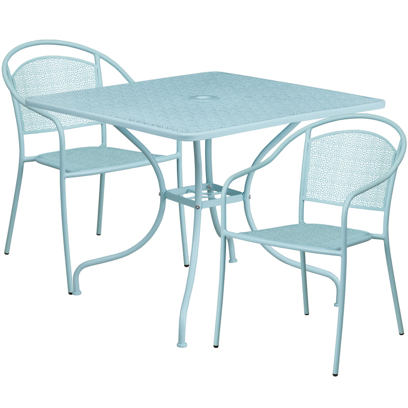 Commercial Grade 35.5" Square Sky Blue Indoor-Outdoor Steel Patio Table Set with 2 Round Back Chairs