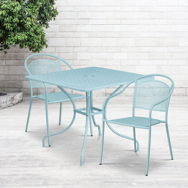 Commercial Grade 35.5" Square Sky Blue Indoor-Outdoor Steel Patio Table Set with 2 Round Back Chairs